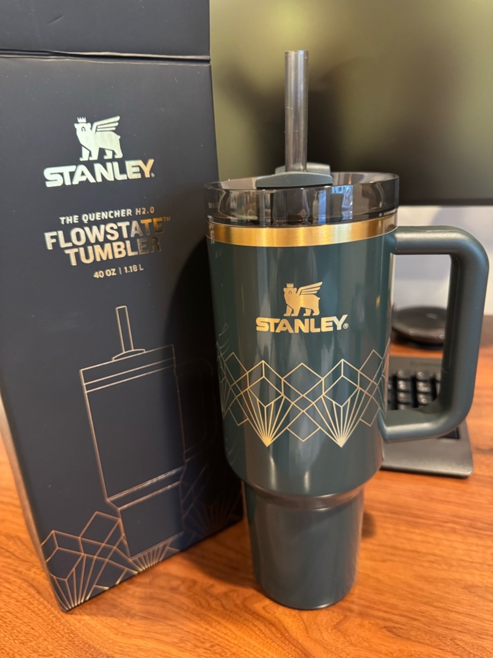 Stanley Flowstate 40oz Tumbler Forest Green with Gold Lettering. Quencher H2.0